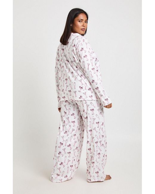 Boohoo White Plus Bows And Cocktails Print Long Sleeve Shirt & Trouser Pyjama Set