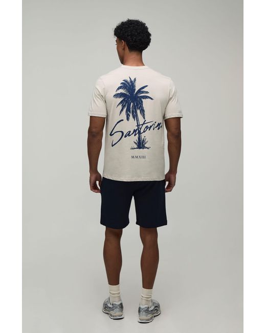 BoohooMAN Gray Regular Fit Palm Print T-Shirt & Short Set for men