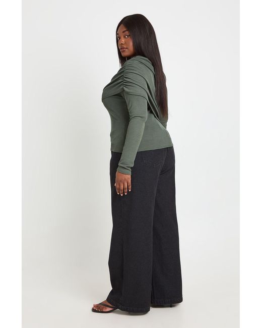 Boohoo Gray Plus Ribbed Draped Front Long Sleeve Top