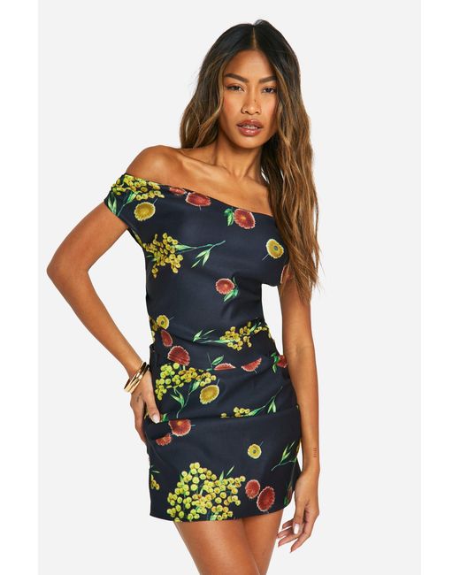 Boohoo Black Off The Shoulder Printed Ruched Top