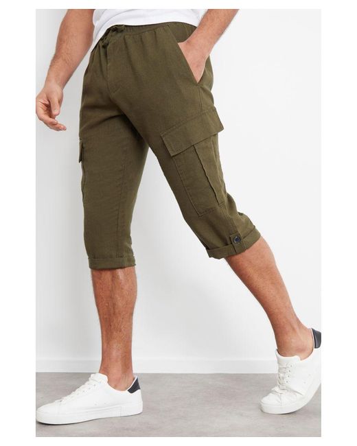 Threadbare Green 'Memphis' Linen Blend 3/4 Length Cargo Trousers for men
