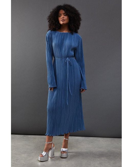 Warehouse Blue Plisse Belted Column Midi Dress