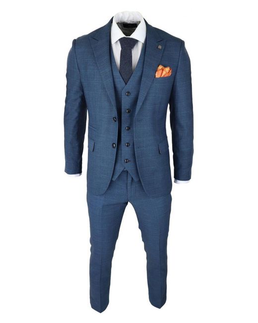Paul Andrew Blue 3 Piece Suit Prince Of Wales Check Classic Light Tailored Fit Modern for men