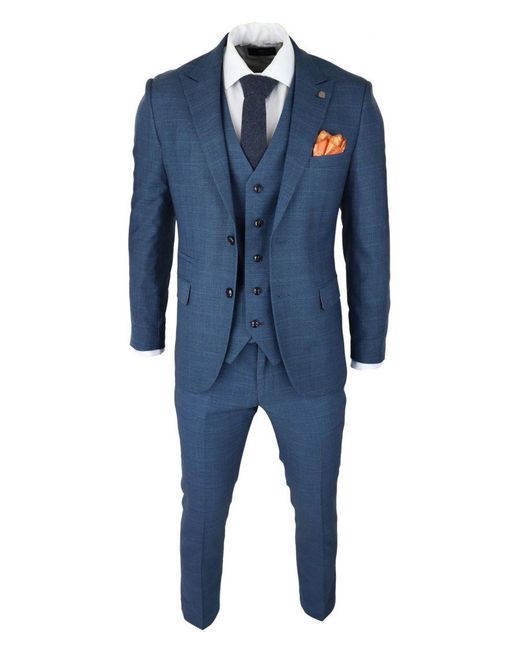 Paul Andrew Blue 3 Piece Suit Prince Of Wales Check Classic Light Tailored Fit Modern for men
