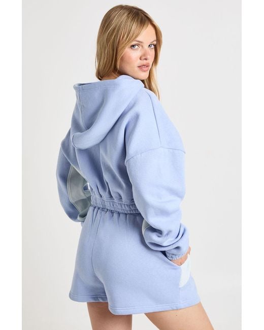 Boohoo Blue Petite Contrast Panel Zip Through Hooded Short Tracksuit