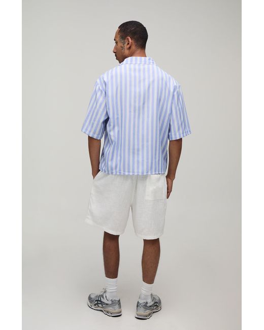 BoohooMAN Blue Oversized Half Sleeve Revere Stripe Shirt for men