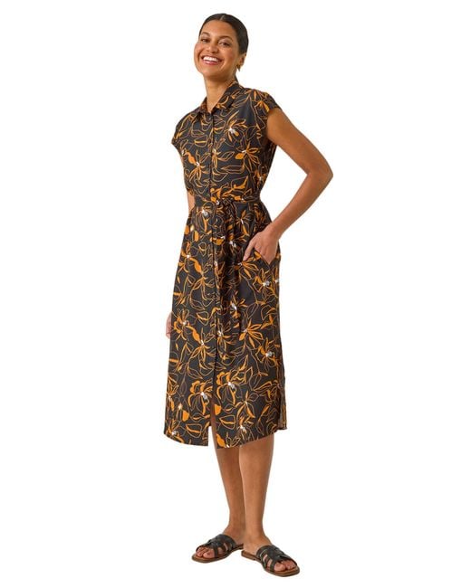 Roman Brown Floral Belted Midi Shirt Dress