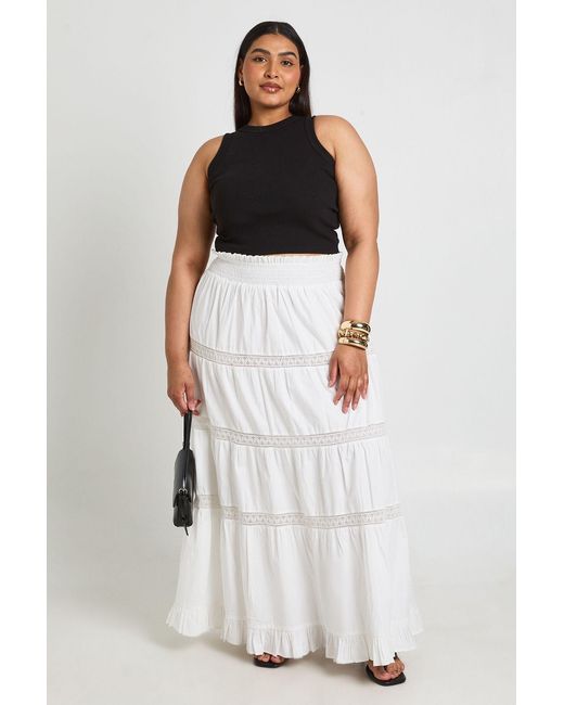 Boohoo White Plus Poplin Lace Detail Tired Maxi Skirt