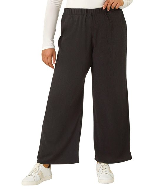 Roman Black Curve Textured Elastic Waist Wide Leg Trouser
