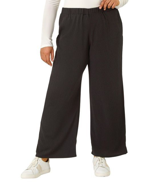 Roman Black Curve Textured Elastic Waist Wide Leg Trouser