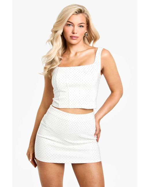 Boohoo White Hot Fix Diamante Mini Skirt