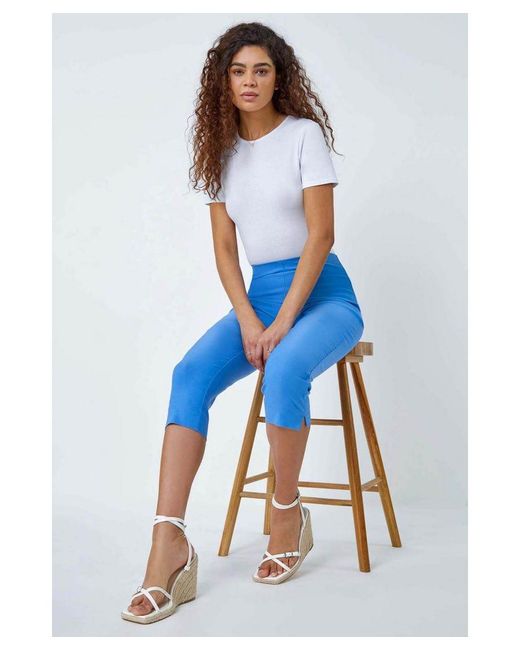Roman Blue Gingham Elastic Waist Stretch Cropped Trouser
