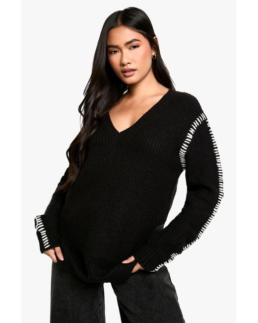 Boohoo Black Premium Contrast Trim V Neck Longline Jumper
