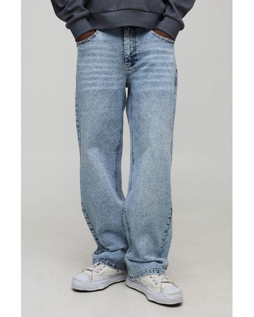 BoohooMAN Blue Relaxed Fit All Over Clear Rhinestone Embellished Jeans for men