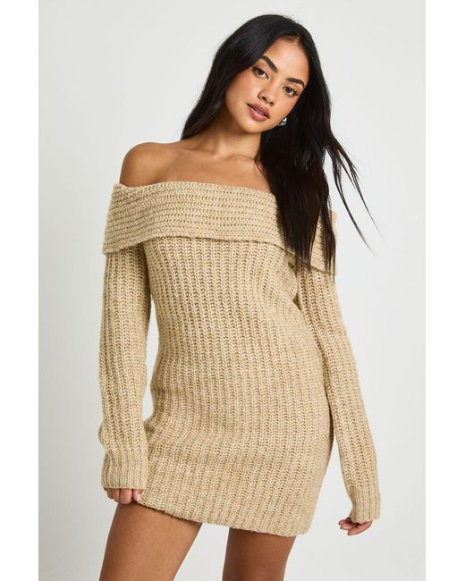 Boohoo Natural Chunky Knit Bardot Mini Dress