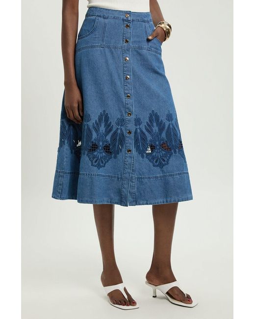 Karen Millen Blue Denim Cut Out Full Midi Skirt