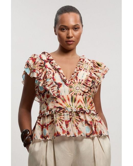 Karen Millen Multicolor Plus Size Tile Print Silk Cotton Ruffle Detail Woven Top