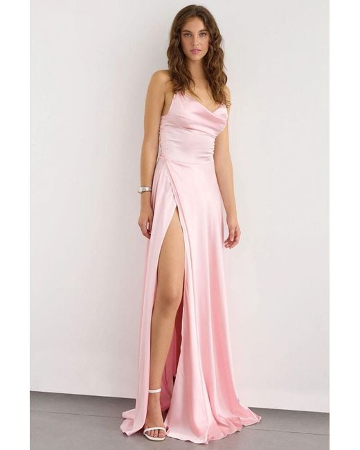 Hiccup Pink Satin Maxi Dress With Open Back And Slit