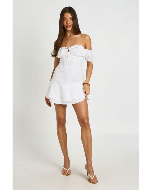 Boohoo White Broderie Bardot Ruffle Hem Mini Dress
