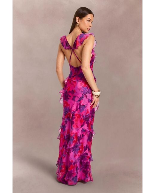 Boohoo Pink Chiffon Ruffle Detail Backless Floral Maxi Dress