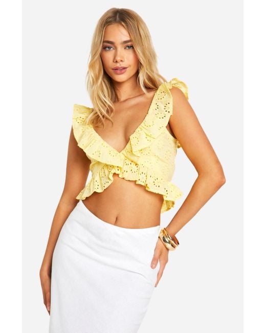 Boohoo White Broderie Ruffle Plunge Crop Top