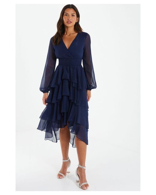 Quiz Blue Long Sleeve Tiered Midi Dress