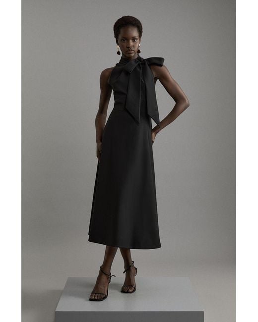 Karen Millen Black Compact Stretch Bow Tie Neck Full Skirted Midi Dress