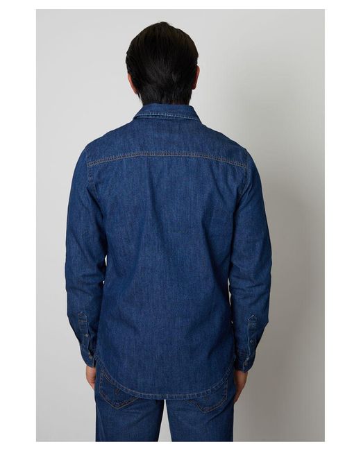 Threadbare Blue 'Riper' Denim Long Sleeve Cotton Shirt for men