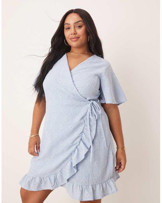 Vila Curve Blue Jersey Broderie Wrap Mini Dress