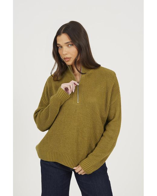 Brave Soul Green Half Zip Funnel Neck Fisherman Knit Jumper