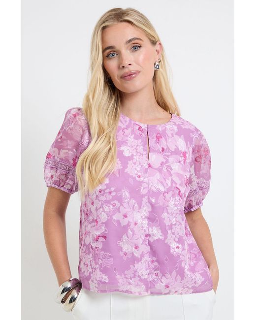 Wallis Pink Petite Floral Burn Out Puff Sleeve Top