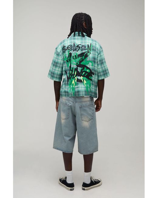 BoohooMAN Gray Oversized Boxy Half Sleeve Official Graffiti Print Check Shirt for men