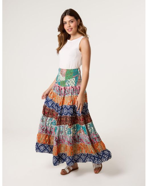 Blue Vanilla White Multi Print Midi Skirt
