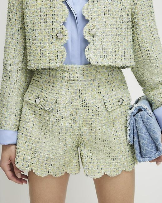 River Island Green Shorts Boucle Scallop Zip