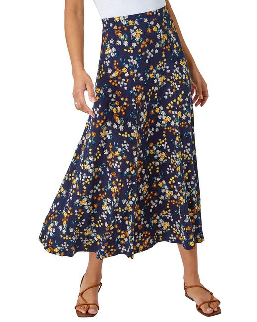 Roman Blue Ditsy Floral Print Elastic Waist Midi Skirt