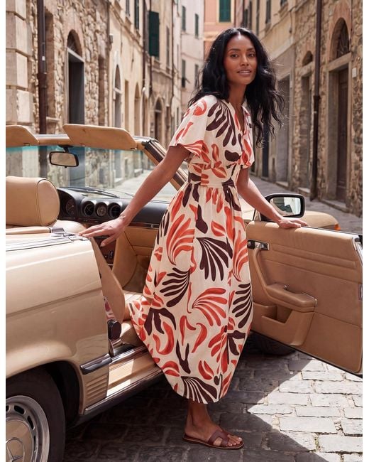 Blue Vanilla Brown V Neck Abstract Leaf Print Dress