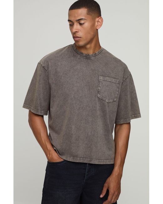 BoohooMAN Gray Essential Washed Oversized Boxy Front Pocket T-Shirt for men