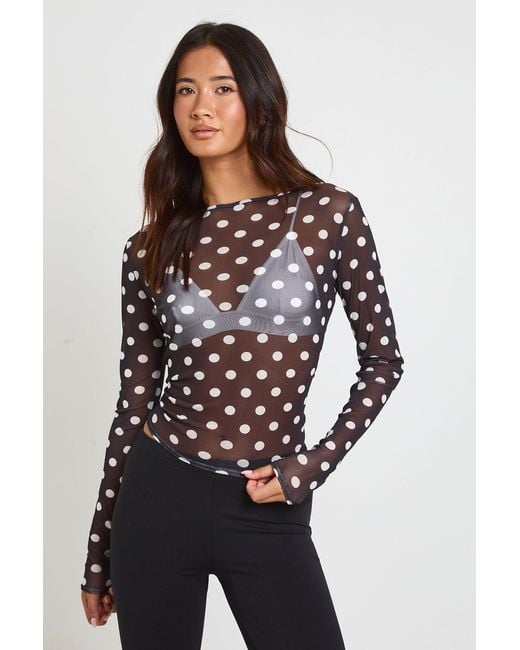 Boohoo Black Polka Dot Sheer Mesh Top