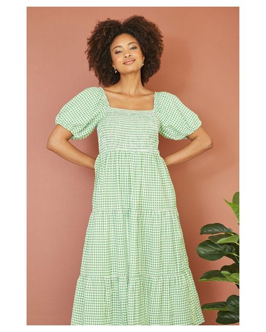 Yumi' Green Cotton Gingham Smock Puff Sleeve Midi Dress