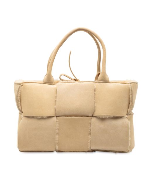 Bottega Veneta Natural Pre-Owned Small Suede And Shearling Maxi Intrecciato Arco Tote