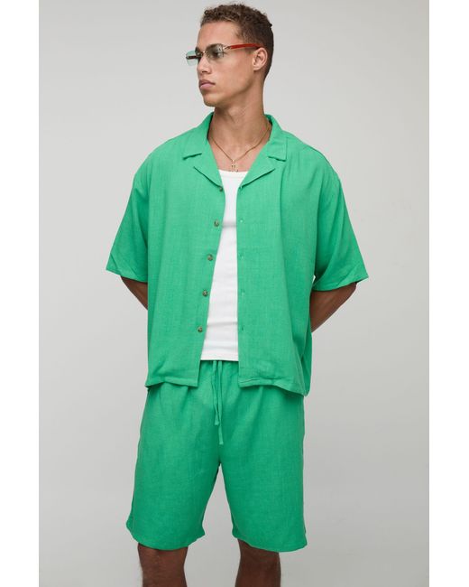 BoohooMAN Green Tall Relaxed Fit Linen Revere Shirt & Short Set for men