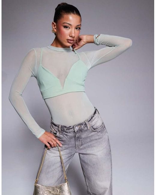 ASOS Gray Layered Mesh Bodysuit With Plunge Bralet