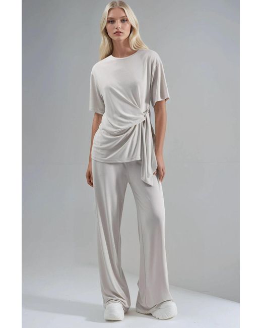 Busem Gray Loose Fit Crew Neck Modal Blouse With Tie Detail