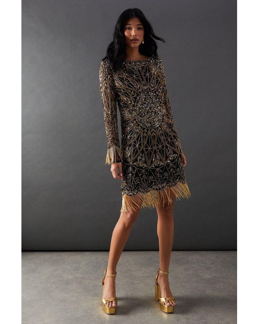 Warehouse Gray Premium Sun Hand Embellished Fringe Bead Mini Dress