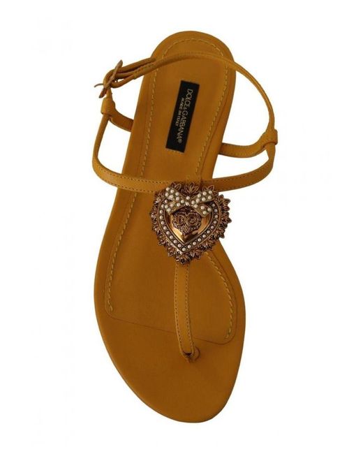 Dolce & Gabbana Metallic Mustard Leather Devotion Flats Sandals Shoes
