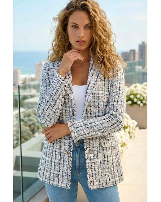 Roman Gray Check Frayed Edge Boucle Button Jacket