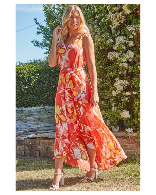 Roman Orange Floral Print Dipped Hem Midi Dress