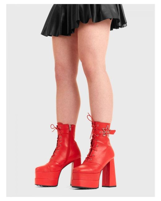 Lamoda Red Ankle Boots Famous Friend Round Toe Platform Heels With Lace Up
