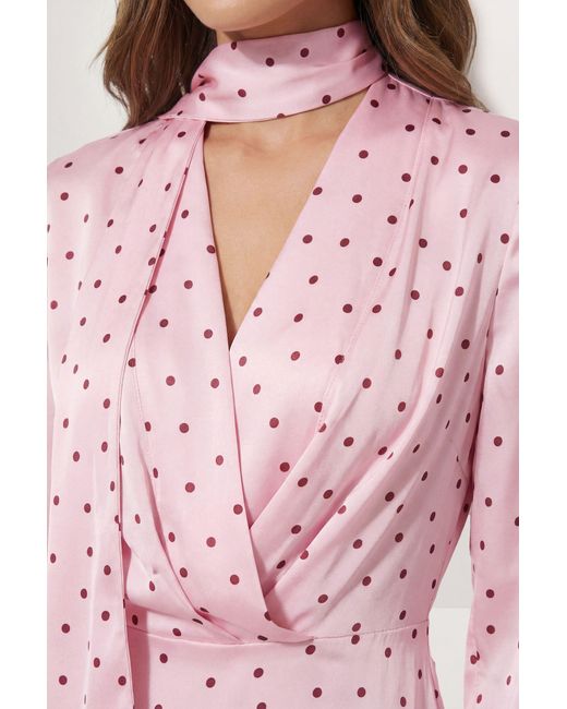 MissPap Pink Premium Spot Print Tie Neck Mini Dress