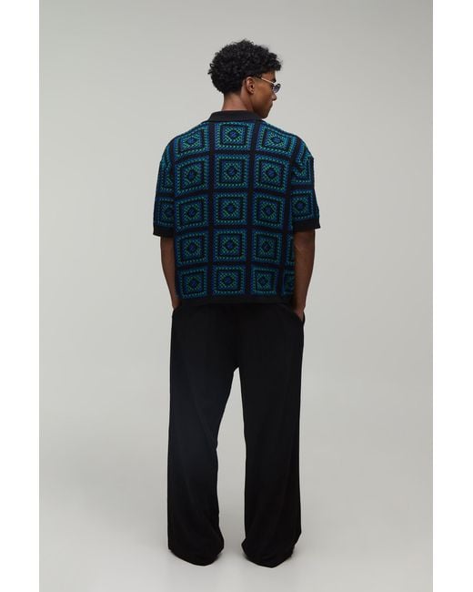 BoohooMAN Blue Oversized Boxy Crochet Tapestry Knitted Polo for men